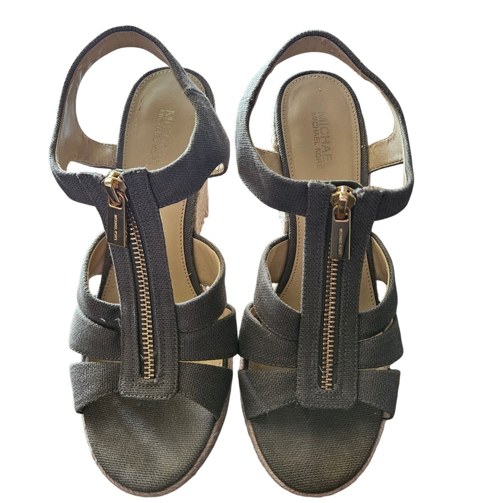 Michael‎ Kors Womens Olive Green Canvas Front Zip Espadrille Wedge Sandals 7